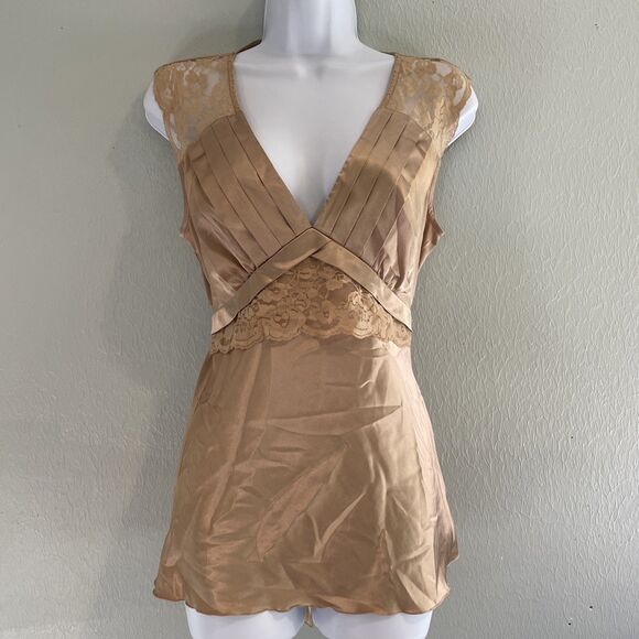 A. Byer Tops - A Byer Y2K Satin Babydoll Tank Top Women M Gold Lace Fairy Glam Grunge Party